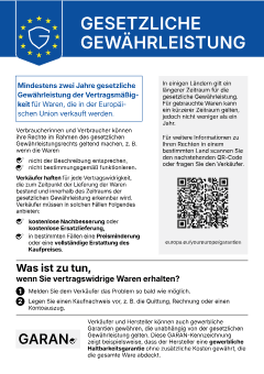 GESETZLICHE GEWÄHRLEISTUNG Mindestens zwei Jahre gesetzliche Gewährleistung der Vertragsmäßigkeit für Waren, die in der Europäischen Union verkauft werden. Verbraucherinnen und Verbraucher können ihre Rechte im Rahmen des gesetzlichen Gewährleistungsrechts geltend machen, z. B. wenn die Waren nicht der Beschreibung entsprechen, nicht bestimmungsgemäß funktionieren. In einigen Ländern gilt ein längerer Zeitraum für die gesetzliche Gewährleistung. Für gebrauchte Waren kann ein kürzerer Zeitraum gelten, jedoch nicht weniger als ein Jahr. Für weitere Informationen zu Ihren Rechten in einem bestimmten Land scannen Sie den nachstehenden QR-Code oder fragen Sie den Verkäufer. Verkäufer haften für jede Vertragswidrigkeit, die zum Zeitpunkt der Lieferung der Waren bestand und innerhalb des Zeitraums der gesetzlichen Gewährleistung erkennbar wird. Verkäufer müssen in solchen Fällen Folgendes anbieten: kostenlose Nachbesserung oder kostenlose Ersatzlieferung, in bestimmten Fällen eine Preisminderung oder eine vollständige Erstattung des Kaufpreises. europa.eu/youreurope/garantien Was ist zu tun, wenn Sie vertragswidrige Waren erhalten? 1 Melden Sie dem Verkäufer das Problem so bald wie möglich. 2 Legen Sie einen Kaufnachweis vor, z. B. die Quittung, Rechnung oder einen Kontoauszug. Verkäufer und Hersteller können auch gewerbliche Garantien gewähren, die unabhängig von der gesetzlichen Gewährleistung gelten. Diese GARAN-Kennzeichnung zeigt beispielsweise, dass der Hersteller eine gewerbliche Haltbarkeitsgarantie ohne zusätzliche Kosten gewährt, die die gesamte Ware abdeckt.